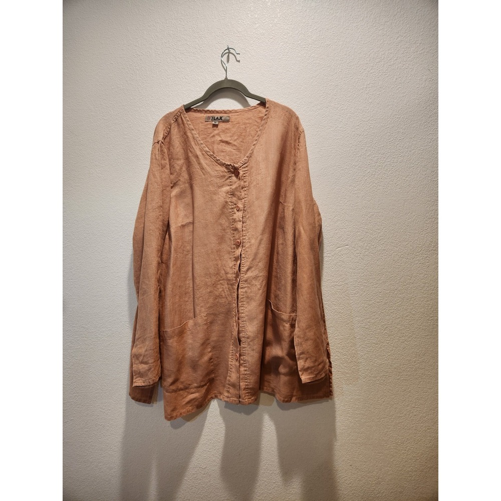 FLAX 100% Linen Button Front Top M Clay Brown Made Lithuania Pockets